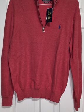 Ralph Lauren Men’s Coral-Red Quarter Zip Sweater. Medium NWT